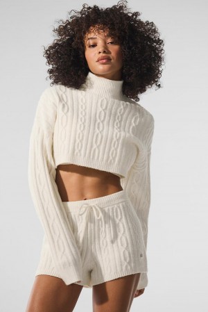 Alo Yoga Cable Knit Cropped Winter Bliss Turtleneck Donna Maniche Lunghe Ivory | Italia JGO-147096