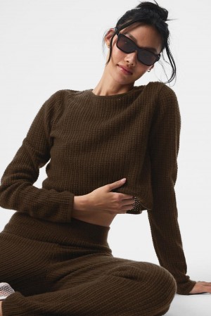Alo Yoga Cashmere Plush Waffle Cropped Donna Maniche Lunghe Espresso | Italia YKG-362985