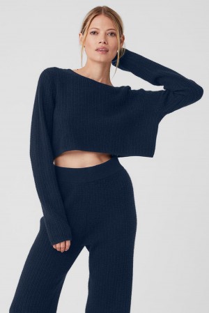 Alo Yoga Cashmere Plush Waffle Cropped Donna Maniche Lunghe Blu Marino | Italia DVZ-275403