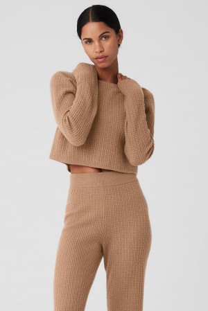 Alo Yoga Cashmere Plush Waffle Cropped Donna Maniche Lunghe Toasted Almond | Italia ZOI-408163