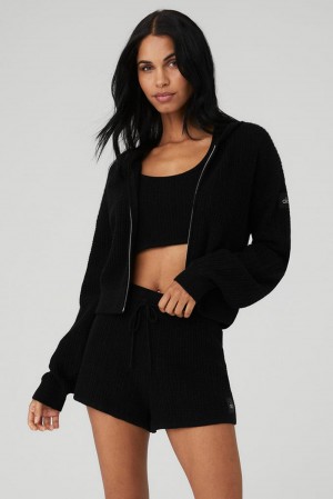 Alo Yoga Cashmere Plush Waffle Full Zip Donna Felpa con Cappuccio Nere | Italia NEX-104569