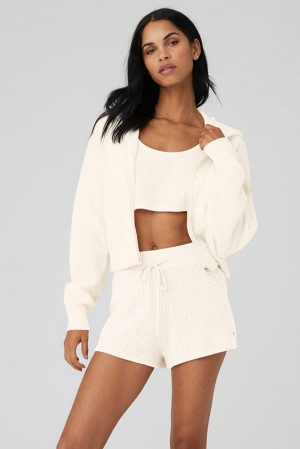 Alo Yoga Cashmere Plush Waffle Full Zip Donna Felpa con Cappuccio Ivory | Italia DZG-836052