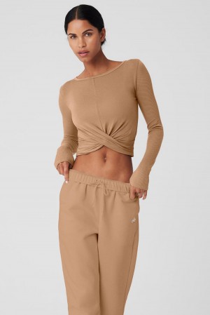 Alo Yoga Cover Top Donna Maniche Lunghe Toasted Almond | Italia JUG-798324