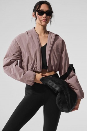 Alo Yoga Cropped Mountain Peak Full-Zip Donna Felpa con Cappuccio Mushroom | Italia JXN-046318