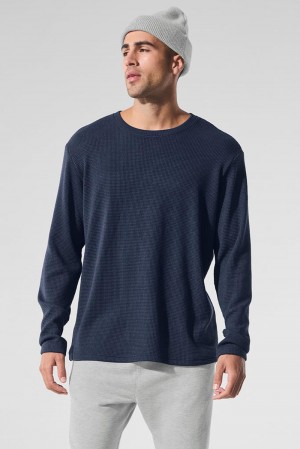 Alo Yoga Elevate Waffle Crew Uomo Maniche Lunghe Blu Marino | Italia YBI-390246