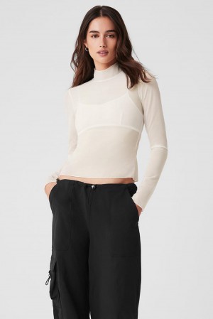 Alo Yoga Mesh Sheer Illusion Mock Neck Donna Maniche Lunghe Ivory | Italia GRM-832467