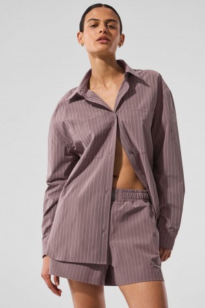 Alo Yoga Pinstripe Daylight Button Down Donna Maniche Lunghe Mushroom / Ivory | Italia VCU-905726