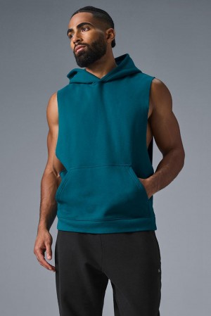Alo Yoga Renown Sleeveless Uomo Felpa con Cappuccio Oceanic Teal | Italia VDF-853174