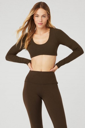 Alo Yoga Ribbed Defined Long Sleeve Donna Reggiseno Espresso | Italia UWQ-421790