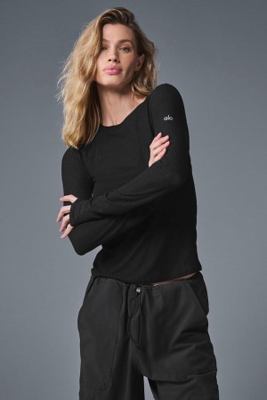 Alo Yoga Ribbed Sea Coast Donna Maniche Lunghe Nere | Italia YBC-091283