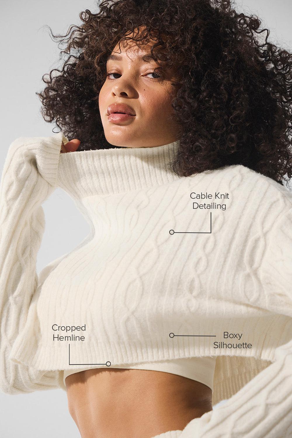 Alo Yoga Cable Knit Cropped Winter Bliss Turtleneck Donna Maniche Lunghe Ivory | Italia  JGO-147096