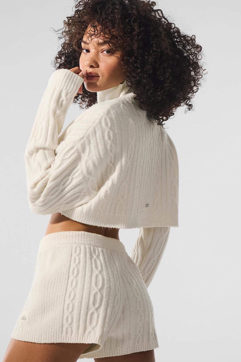 Alo Yoga Cable Knit Cropped Winter Bliss Turtleneck Donna Maniche Lunghe Ivory | Italia  JGO-147096
