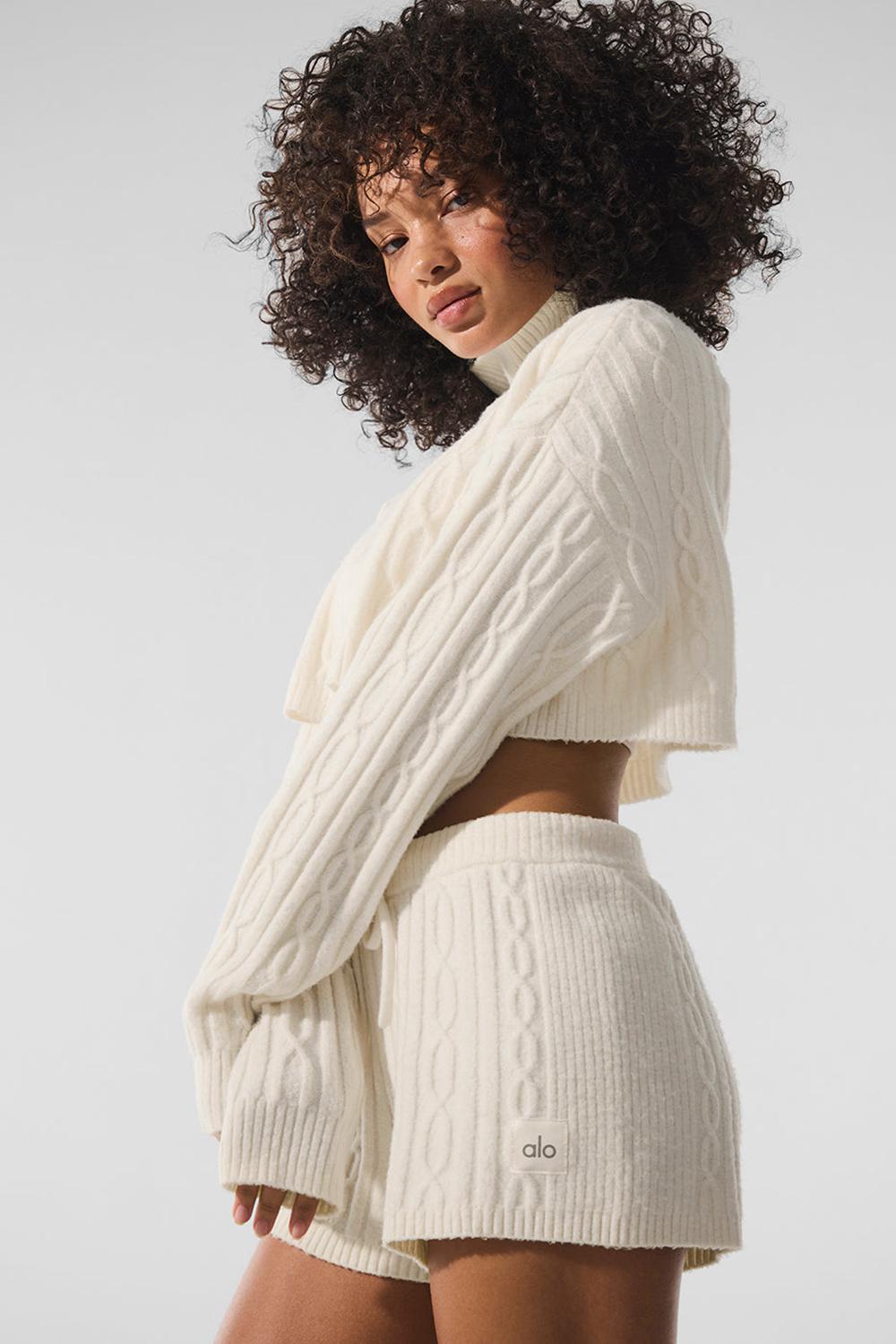 Alo Yoga Cable Knit Cropped Winter Bliss Turtleneck Donna Maniche Lunghe Ivory | Italia  JGO-147096