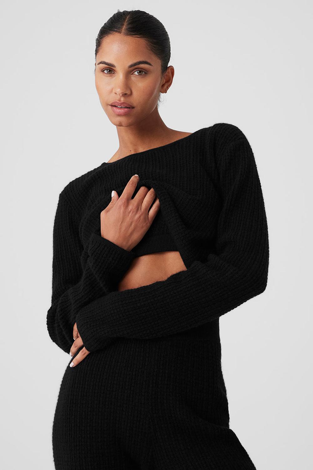 Alo Yoga Cashmere Plush Waffle Cropped Donna Maniche Lunghe Nere | Italia  PYJ-302647