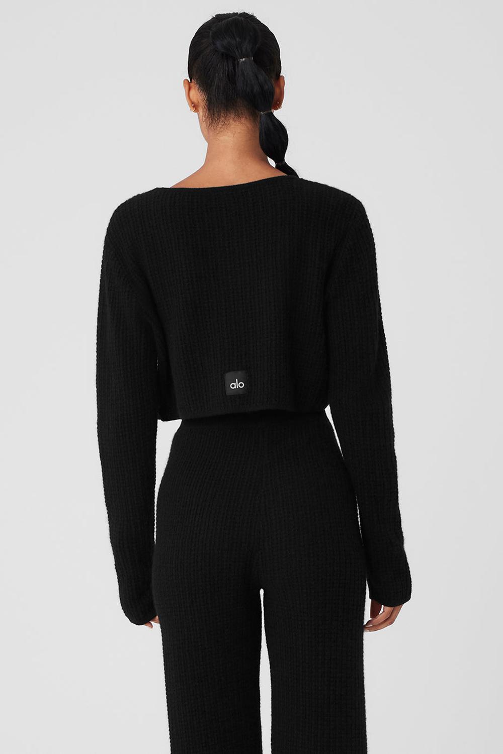 Alo Yoga Cashmere Plush Waffle Cropped Donna Maniche Lunghe Nere | Italia  PYJ-302647