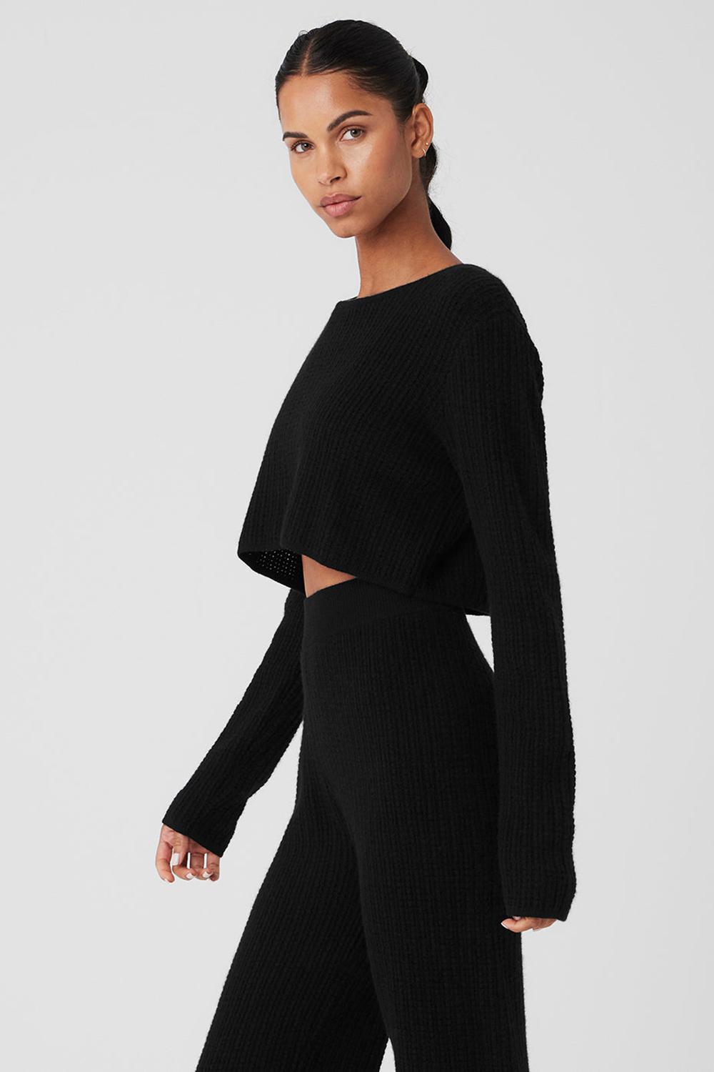 Alo Yoga Cashmere Plush Waffle Cropped Donna Maniche Lunghe Nere | Italia  PYJ-302647