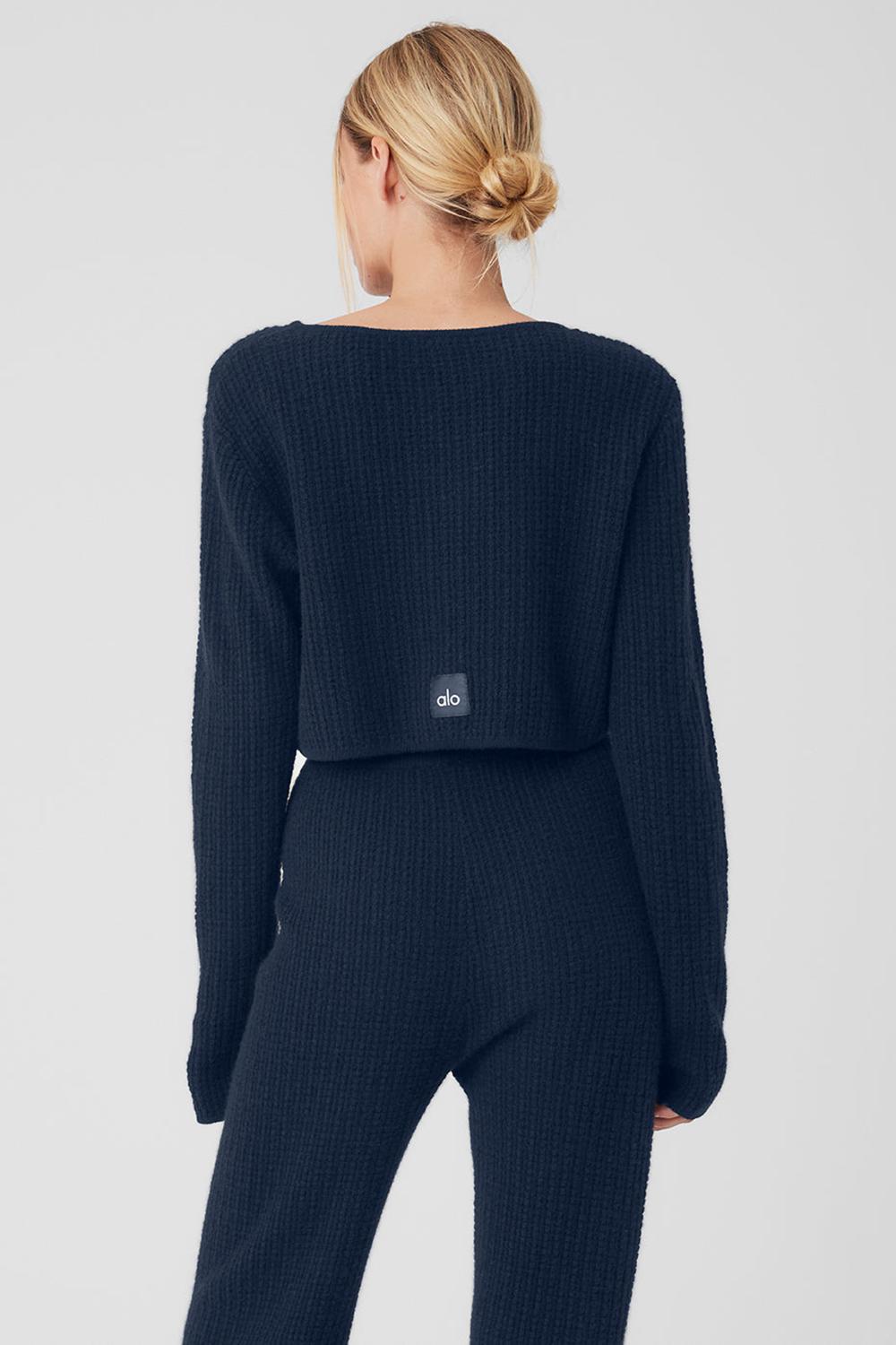 Alo Yoga Cashmere Plush Waffle Cropped Donna Maniche Lunghe Blu Marino | Italia  DVZ-275403