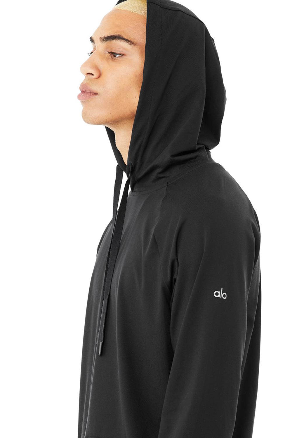 Alo Yoga Conquer Uomo Felpa con Cappuccio Nere | Italia  DUA-985176