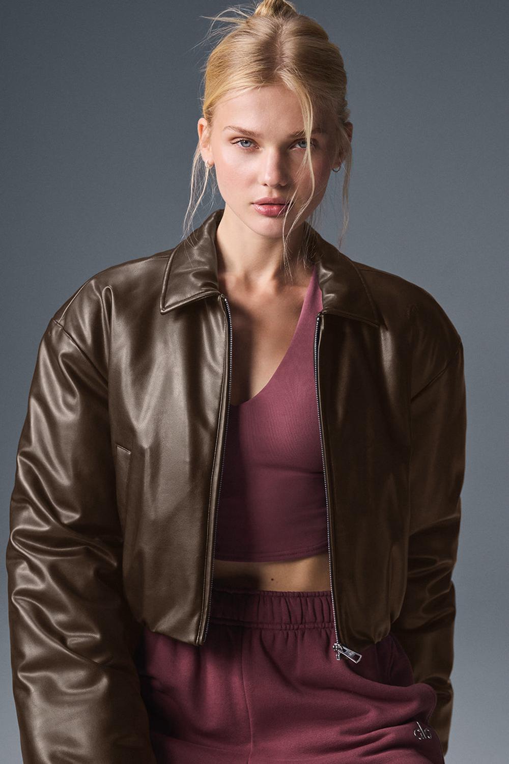 Alo Yoga Faux Leather Cropped Premier Donna Giacca Bomber Espresso | Italia  GNU-423976