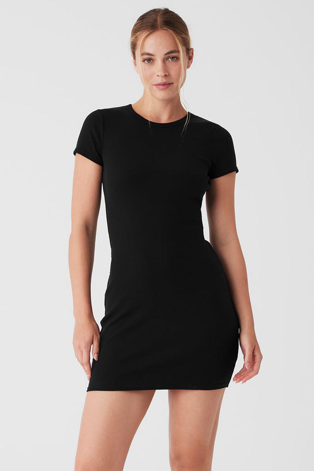 Alo Yoga Goddess Ribbed Short Sleeve Donna Vestito Nere | Italia  NRZ-123849