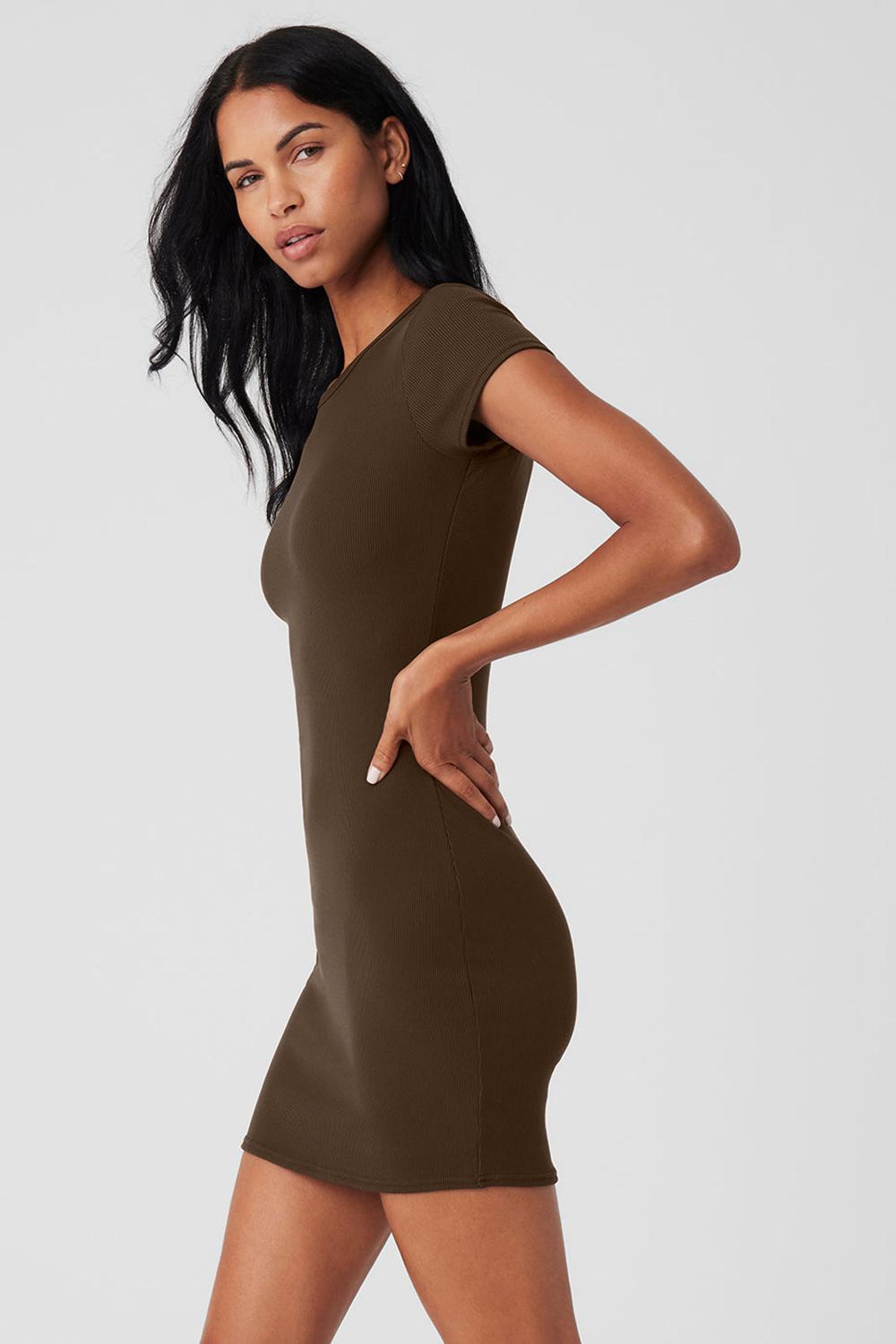 Alo Yoga Goddess Ribbed Short Sleeve Donna Vestito Espresso | Italia  EGV-480315