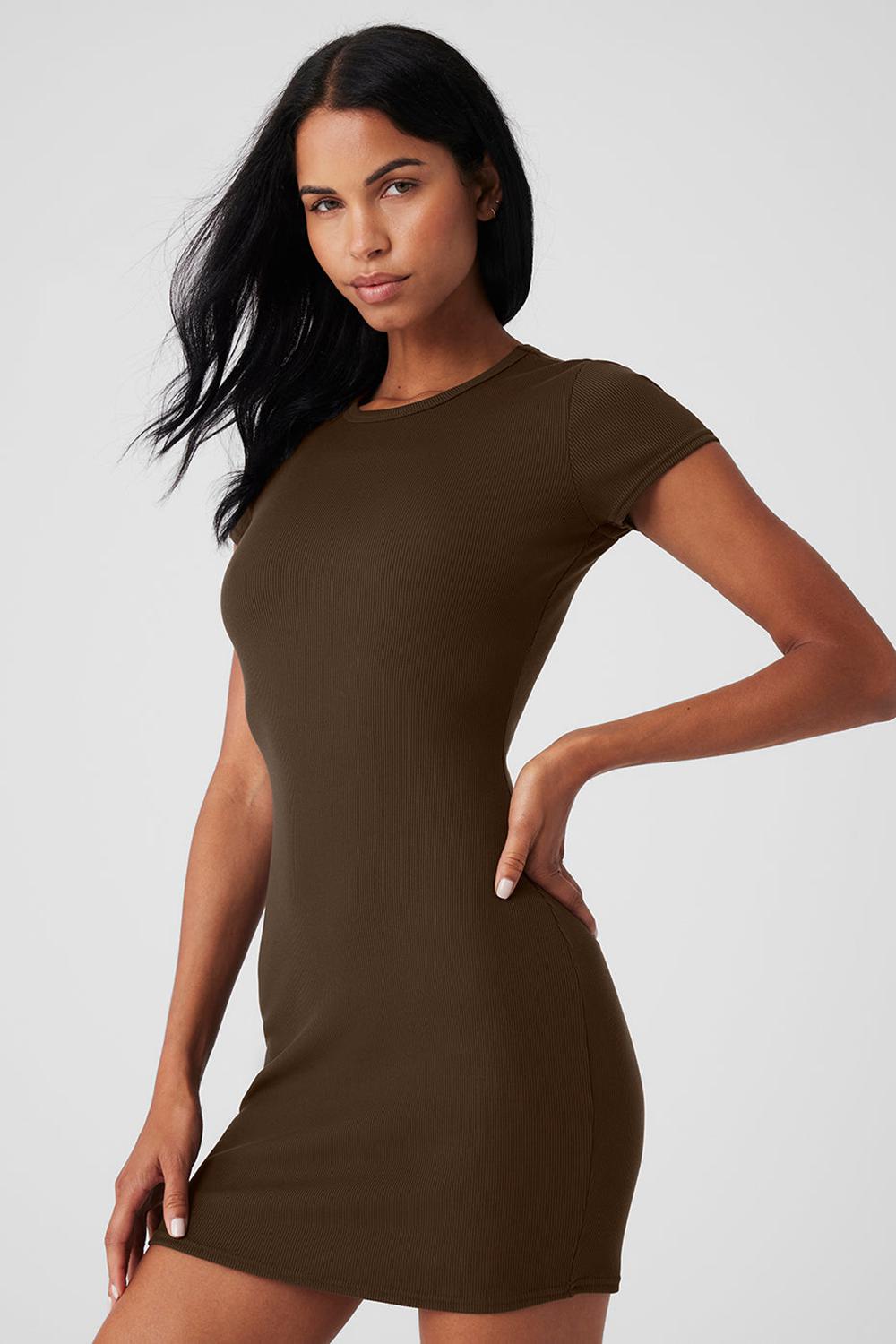 Alo Yoga Goddess Ribbed Short Sleeve Donna Vestito Espresso | Italia  EGV-480315