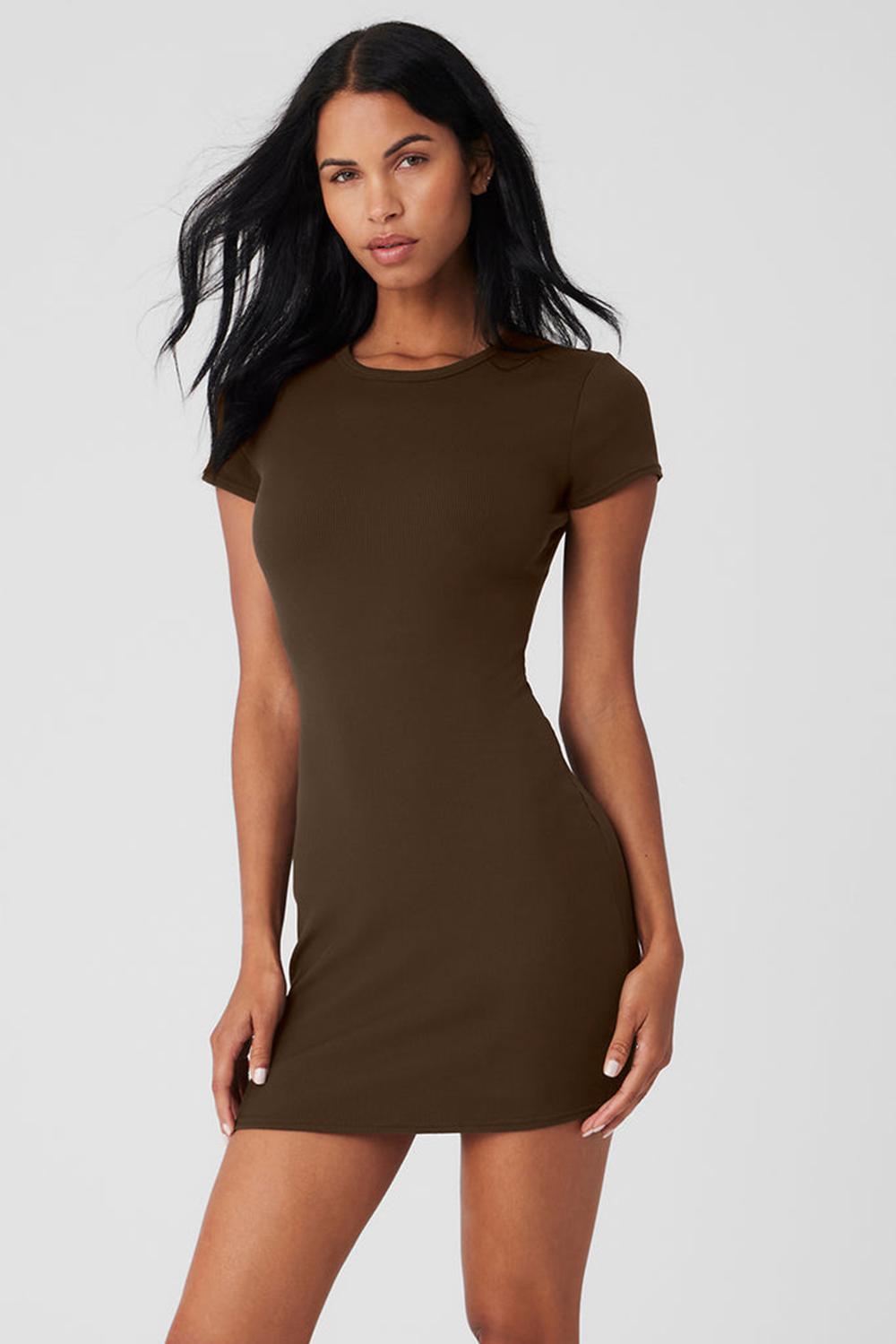 Alo Yoga Goddess Ribbed Short Sleeve Donna Vestito Espresso | Italia  EGV-480315
