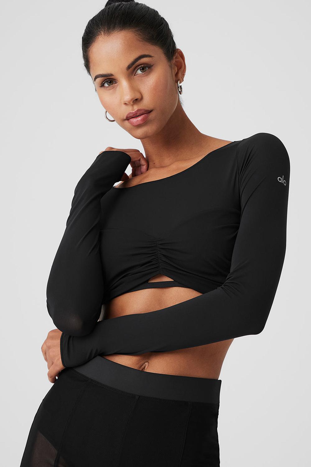 Alo Yoga Mesh Sheer Illusion Cropped Donna Maniche Lunghe Nere | Italia  QFY-897561