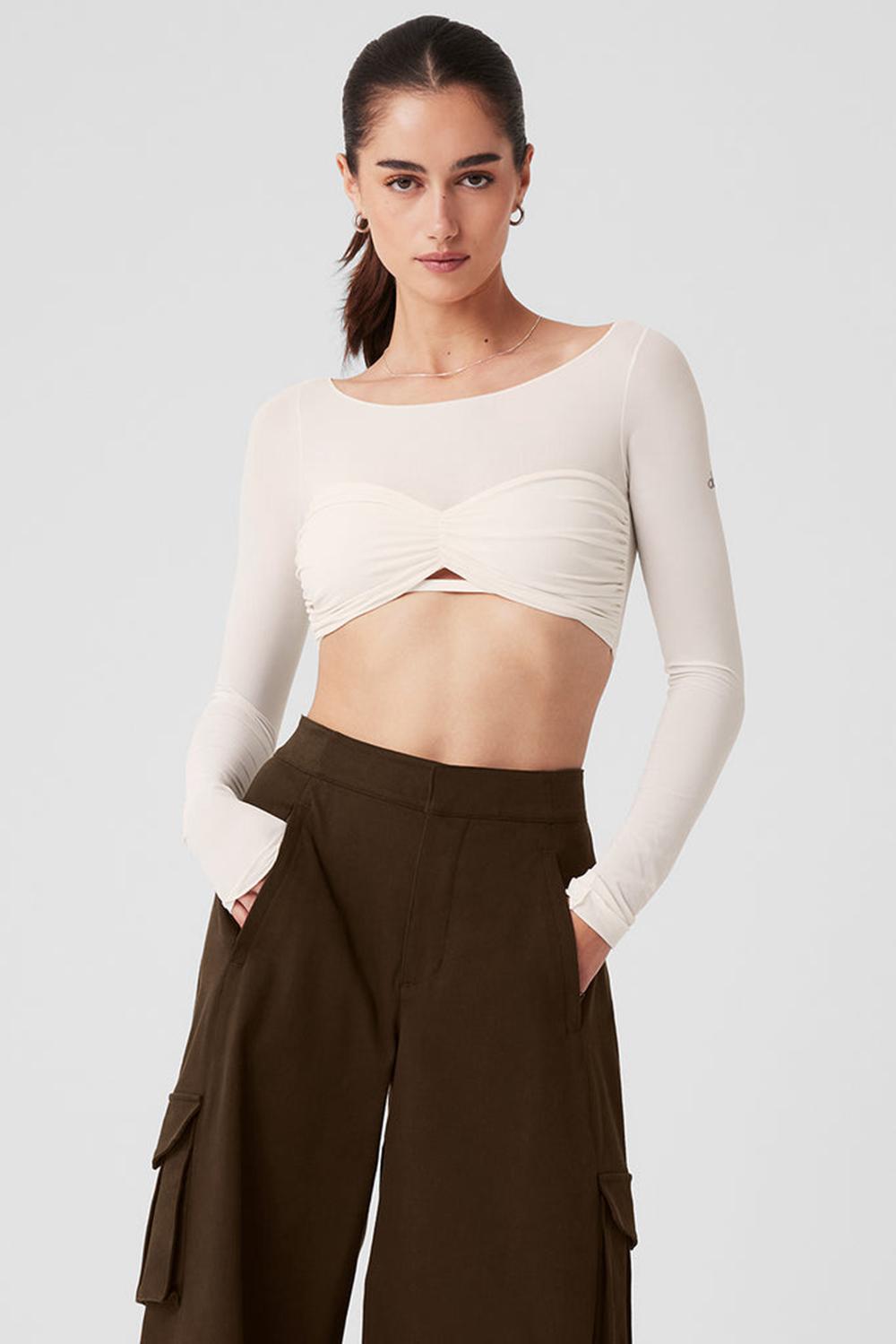 Alo Yoga Mesh Sheer Illusion Cropped Donna Maniche Lunghe Ivory | Italia  UJB-701248