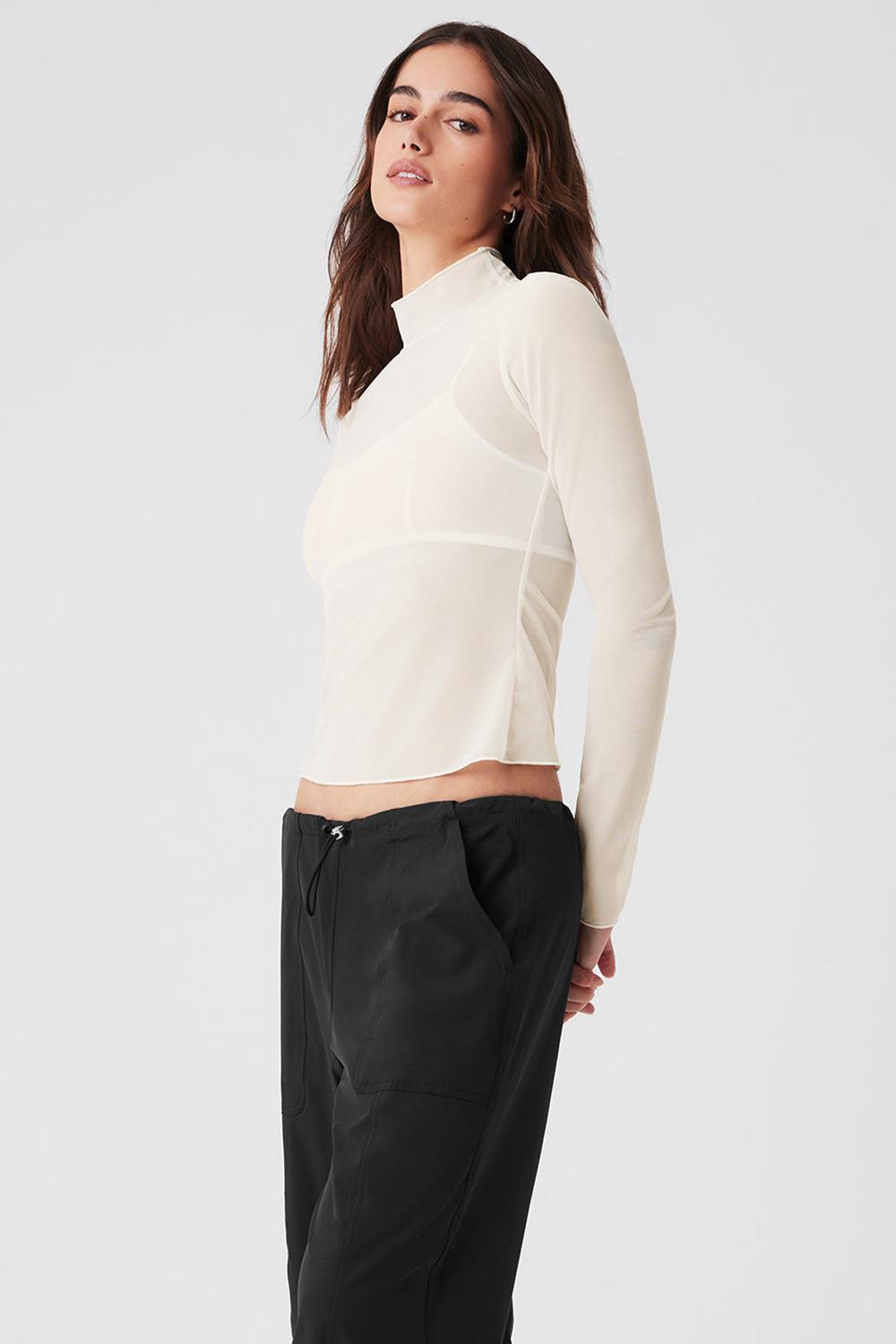 Alo Yoga Mesh Sheer Illusion Mock Neck Donna Maniche Lunghe Ivory | Italia  GRM-832467