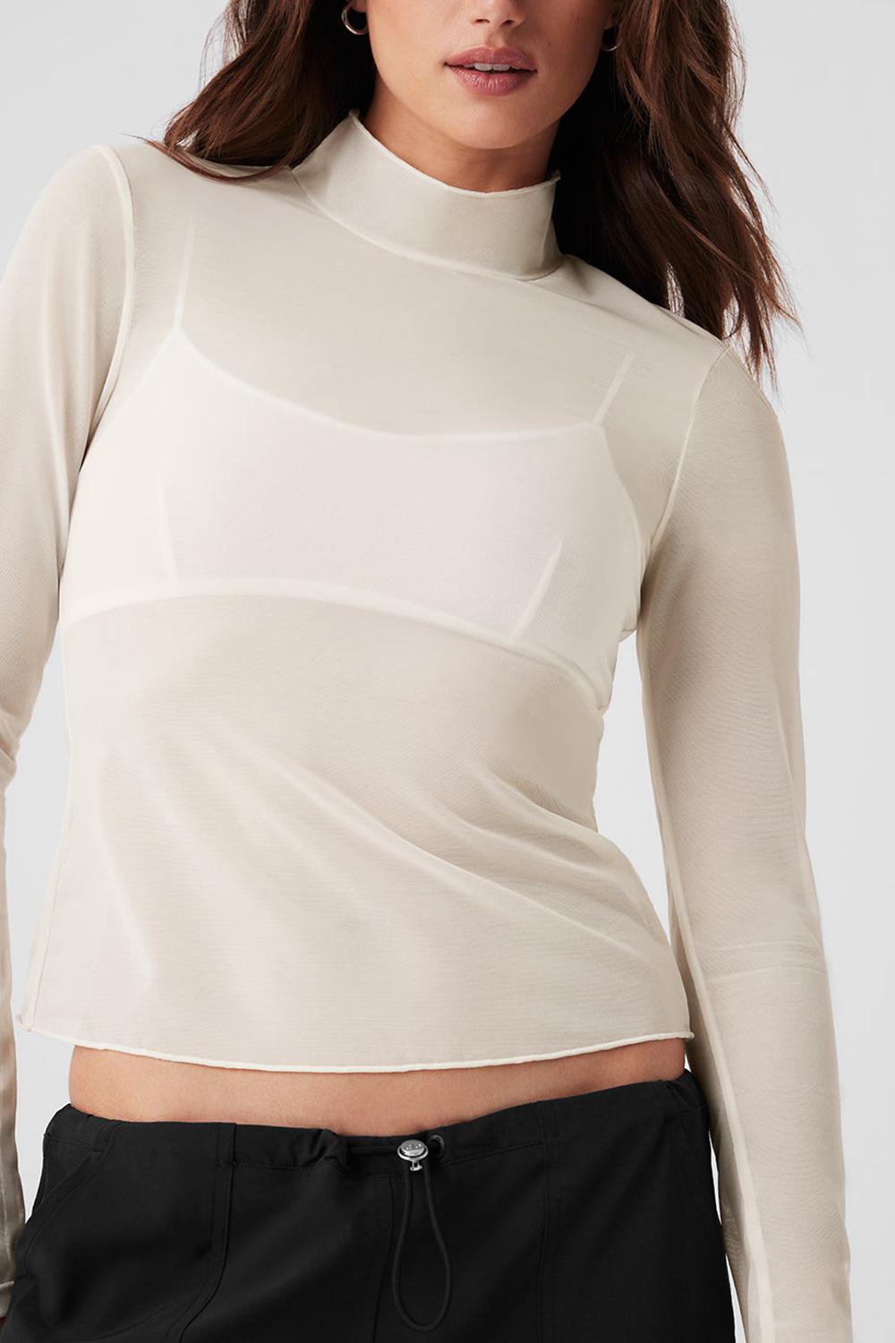 Alo Yoga Mesh Sheer Illusion Mock Neck Donna Maniche Lunghe Ivory | Italia  GRM-832467