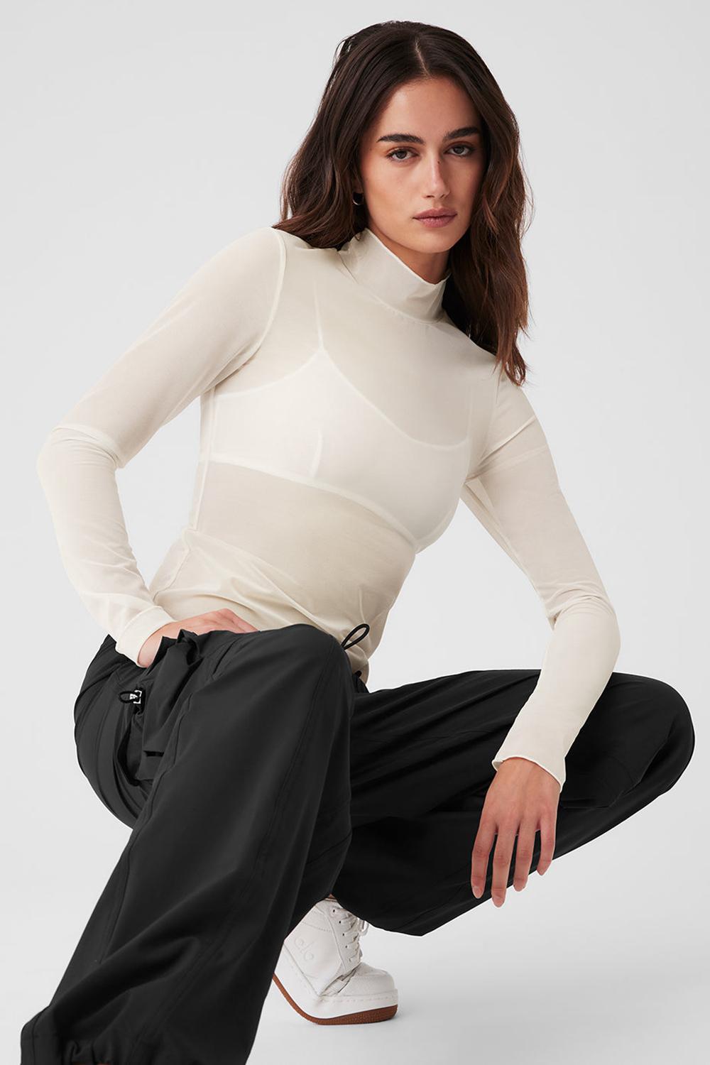 Alo Yoga Mesh Sheer Illusion Mock Neck Donna Maniche Lunghe Ivory | Italia  GRM-832467