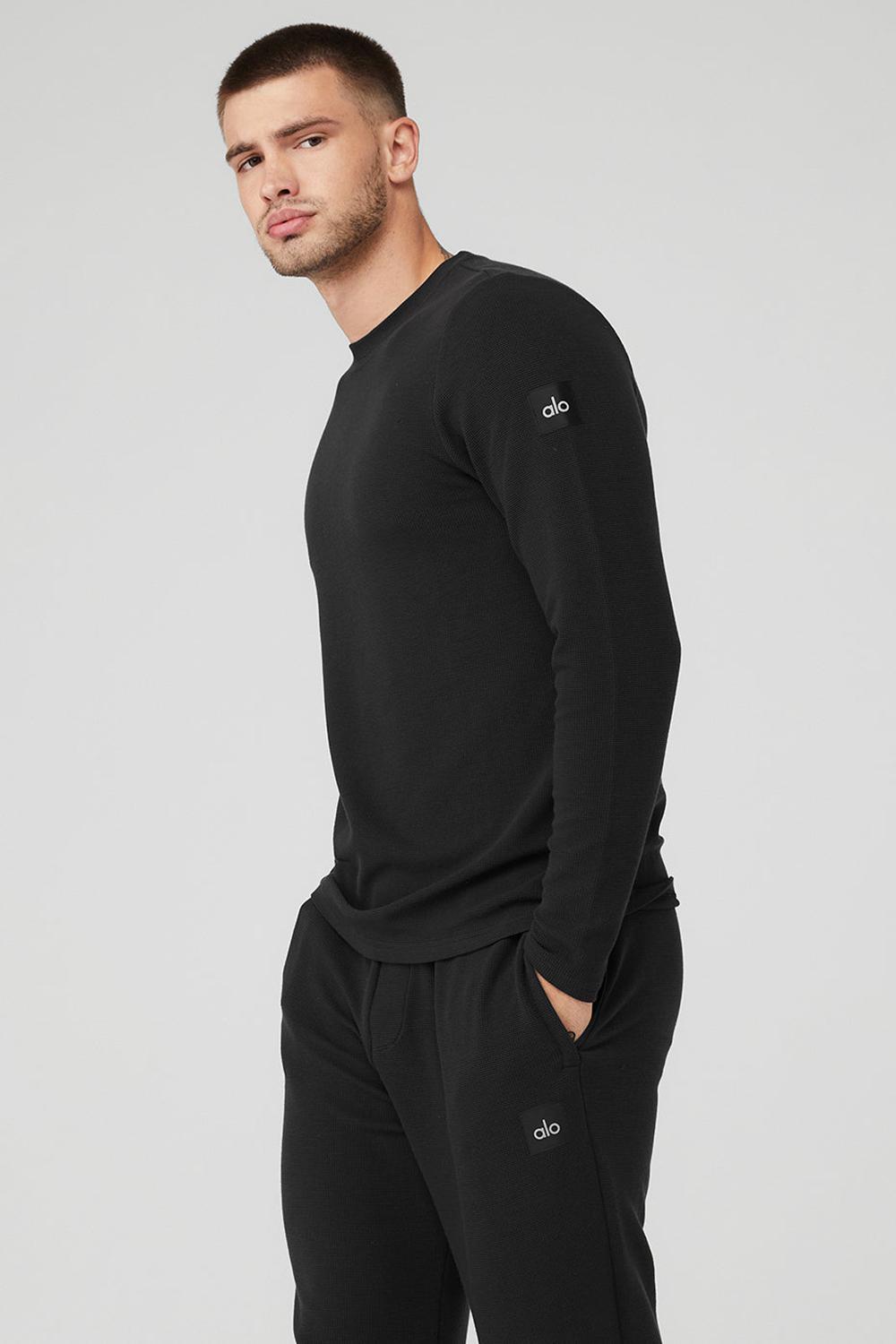 Alo Yoga Micro Waffle Fast Break Tee Uomo Maniche Lunghe Nere | Italia  GDF-971043