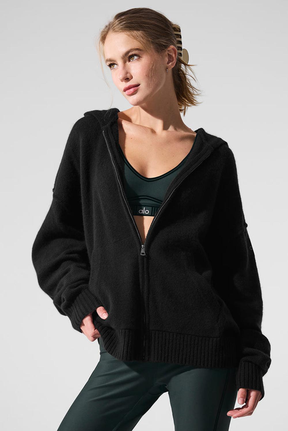 Alo Yoga New Class Cashmere Full Zip Donna Felpa con Cappuccio Nere | Italia  PEL-407583