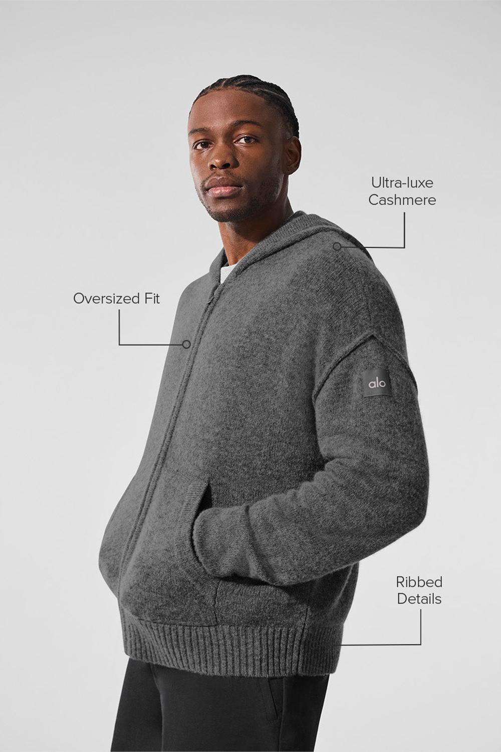 Alo Yoga New Class Cashmere Full Zip Uomo Felpa con Cappuccio Platino Grigie | Italia  HVD-509742