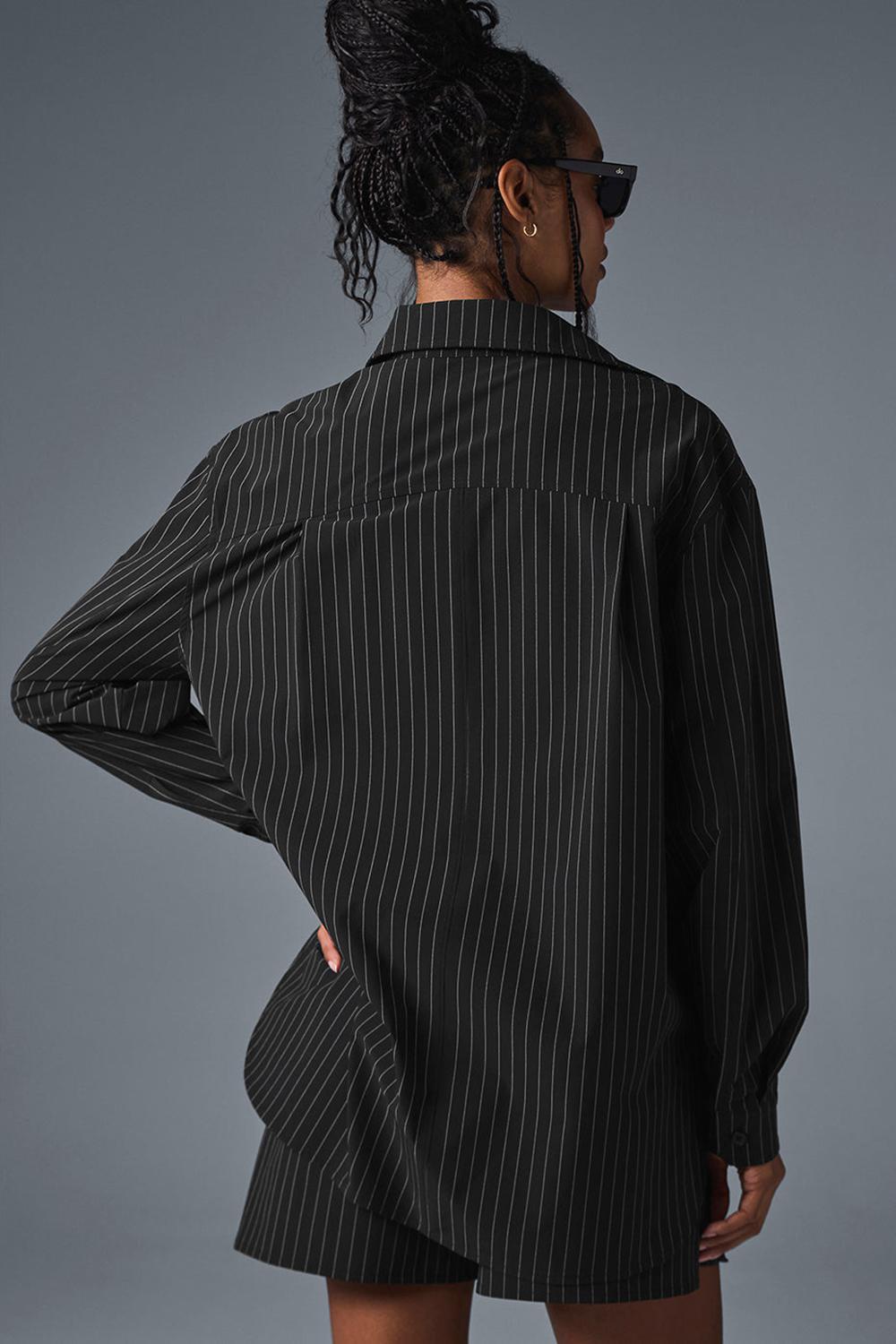 Alo Yoga Pinstripe Daylight Button Down Donna Maniche Lunghe Nere Titanium | Italia  XNZ-761230