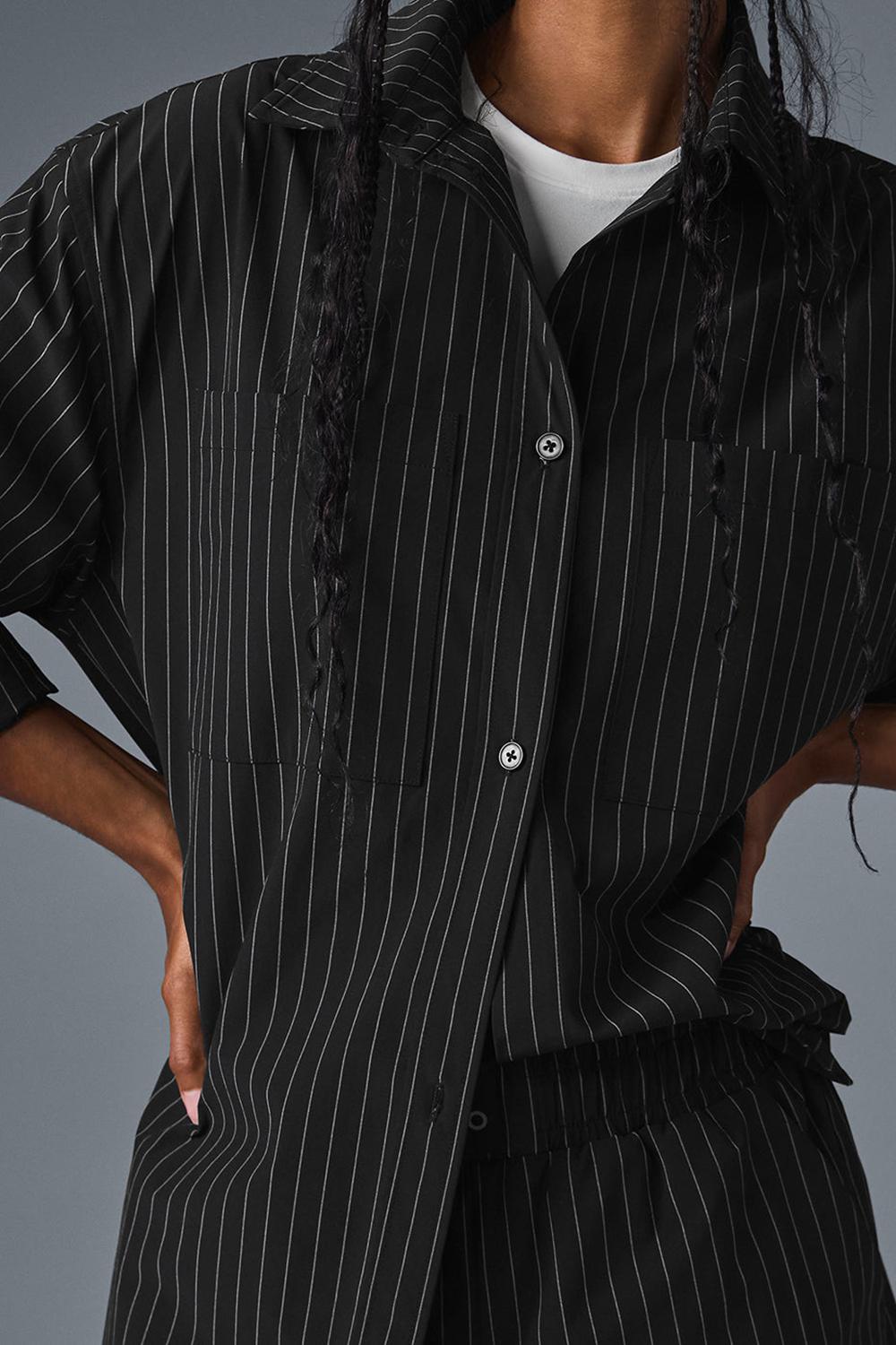 Alo Yoga Pinstripe Daylight Button Down Donna Maniche Lunghe Nere Titanium | Italia  XNZ-761230