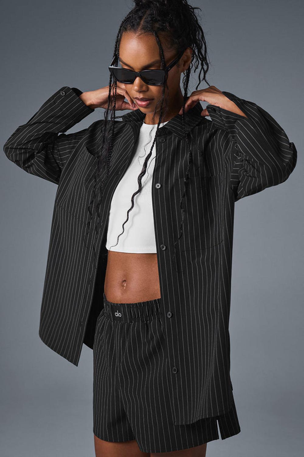 Alo Yoga Pinstripe Daylight Button Down Donna Maniche Lunghe Nere Titanium | Italia  XNZ-761230