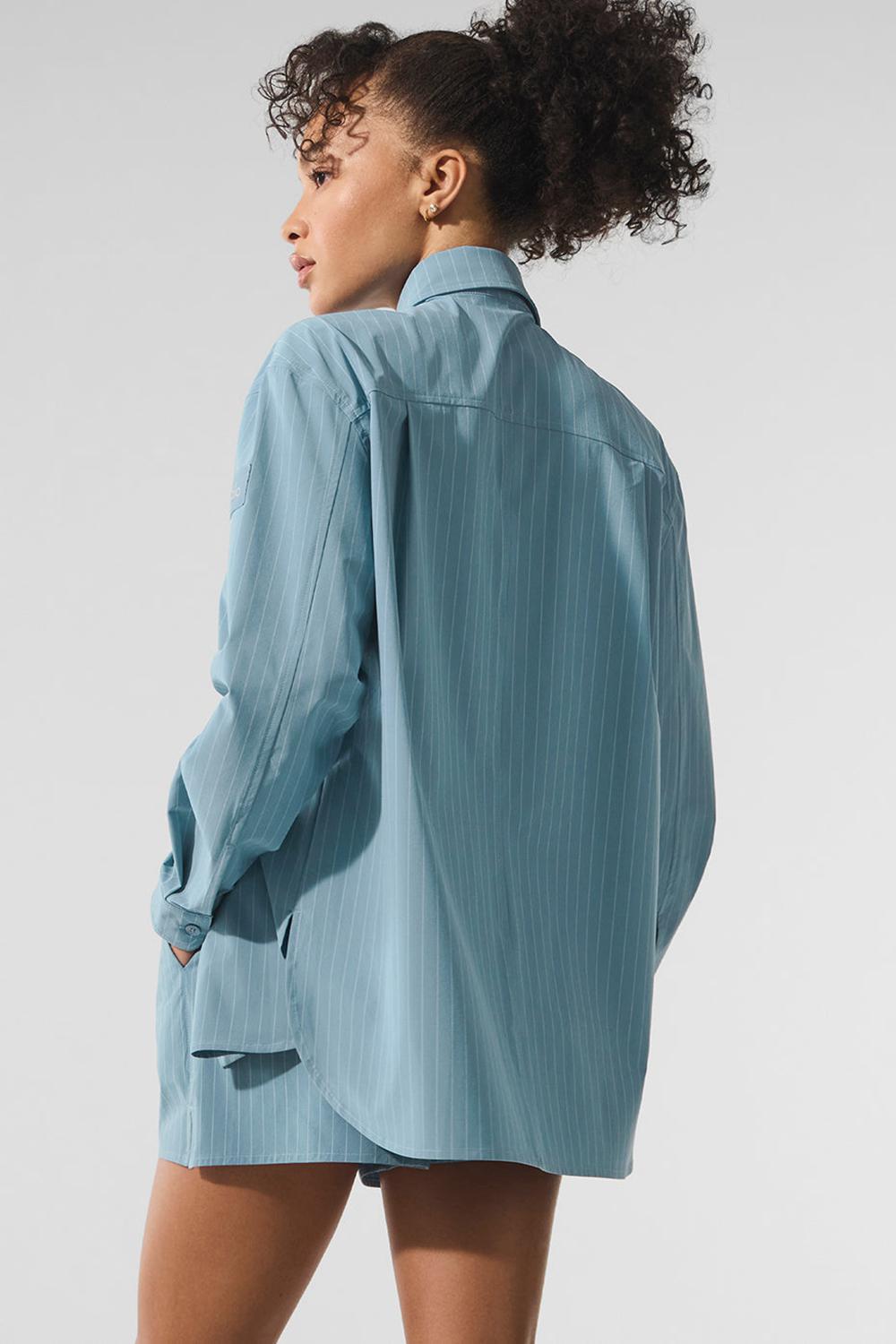 Alo Yoga Pinstripe Daylight Button Down Donna Maniche Lunghe Corallo Blu Bianche | Italia  XAO-389462