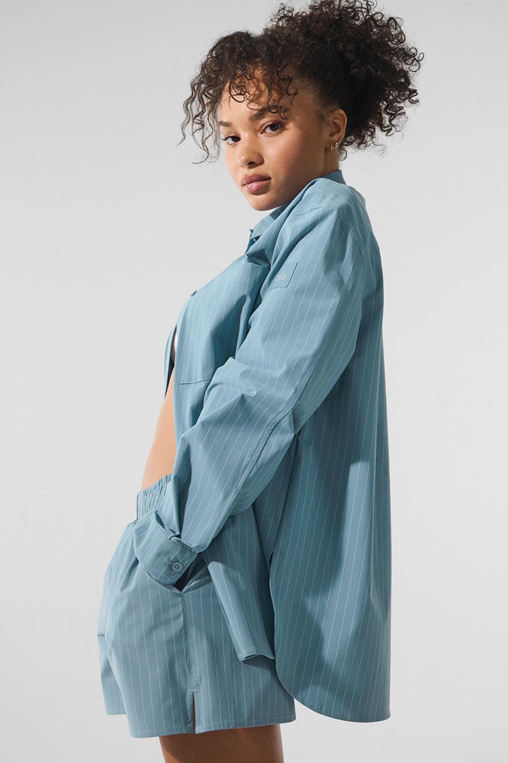 Alo Yoga Pinstripe Daylight Button Down Donna Maniche Lunghe Corallo Blu Bianche | Italia  XAO-389462