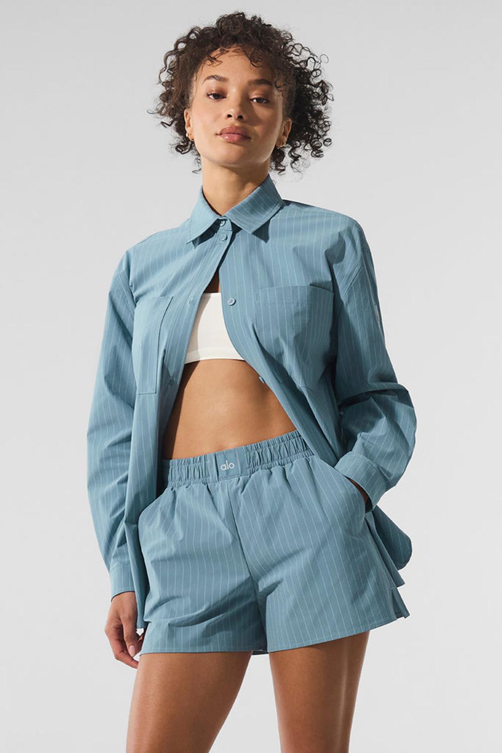 Alo Yoga Pinstripe Daylight Button Down Donna Maniche Lunghe Corallo Blu Bianche | Italia  XAO-389462