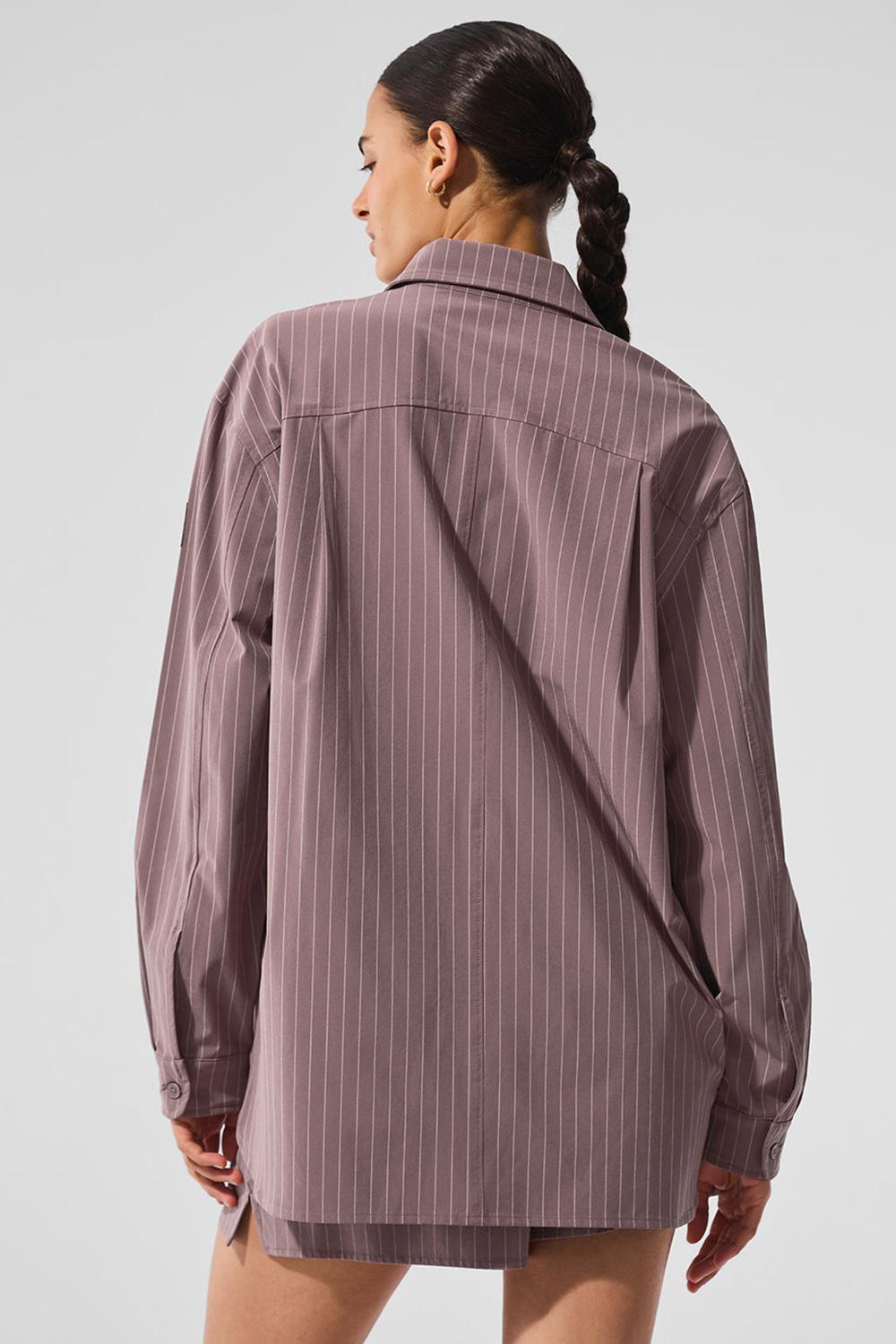 Alo Yoga Pinstripe Daylight Button Down Donna Maniche Lunghe Mushroom / Ivory | Italia  VCU-905726