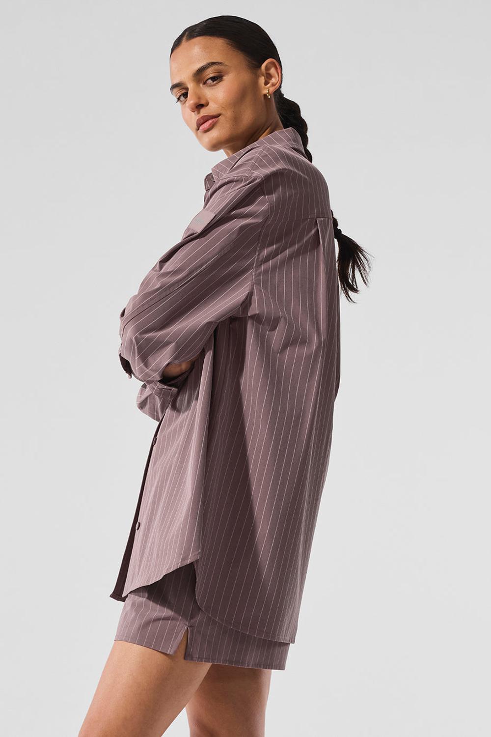 Alo Yoga Pinstripe Daylight Button Down Donna Maniche Lunghe Mushroom / Ivory | Italia  VCU-905726