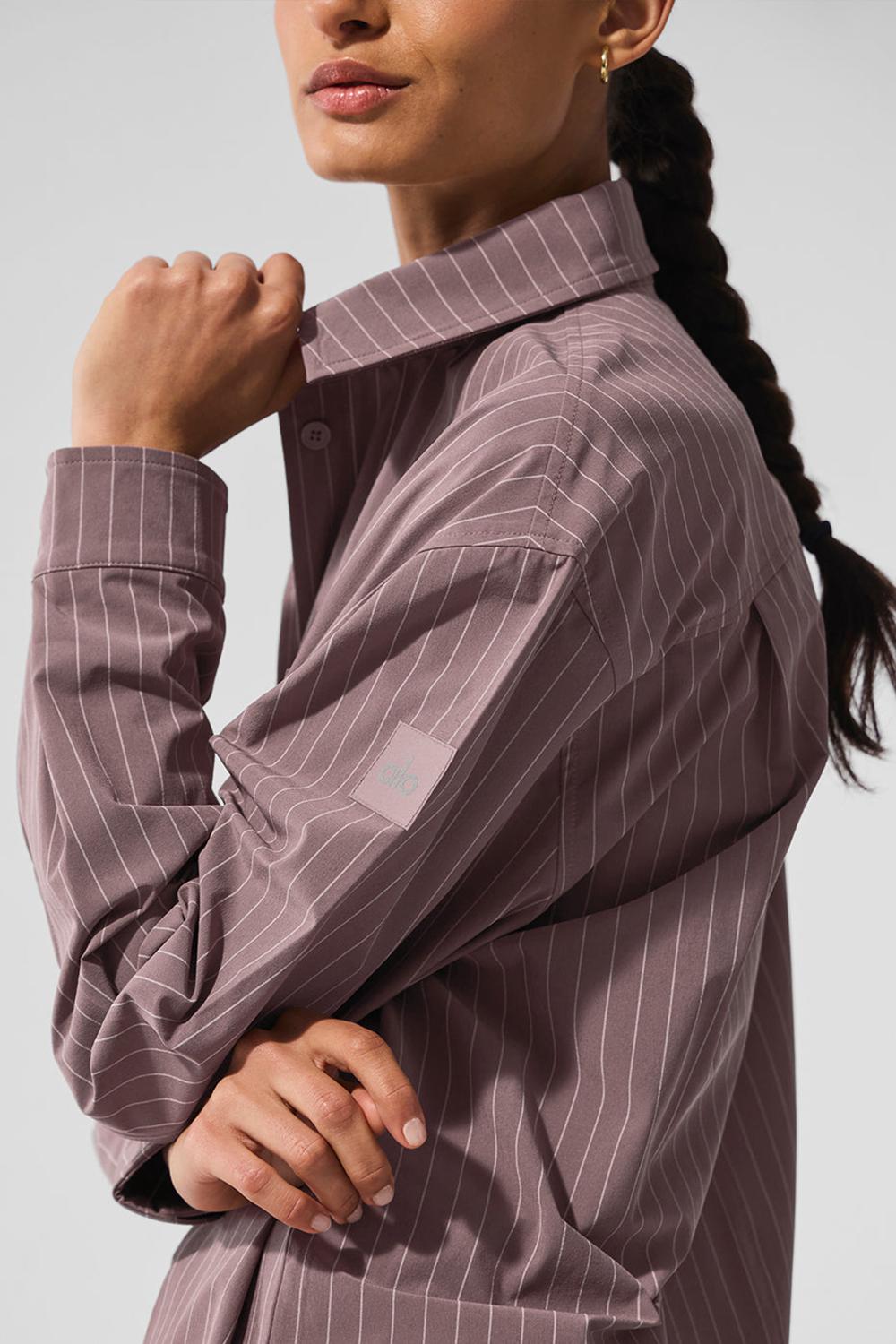 Alo Yoga Pinstripe Daylight Button Down Donna Maniche Lunghe Mushroom / Ivory | Italia  VCU-905726