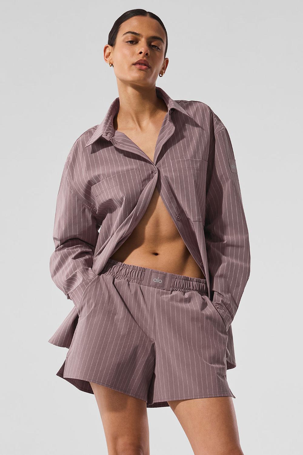 Alo Yoga Pinstripe Daylight Button Down Donna Maniche Lunghe Mushroom / Ivory | Italia  VCU-905726