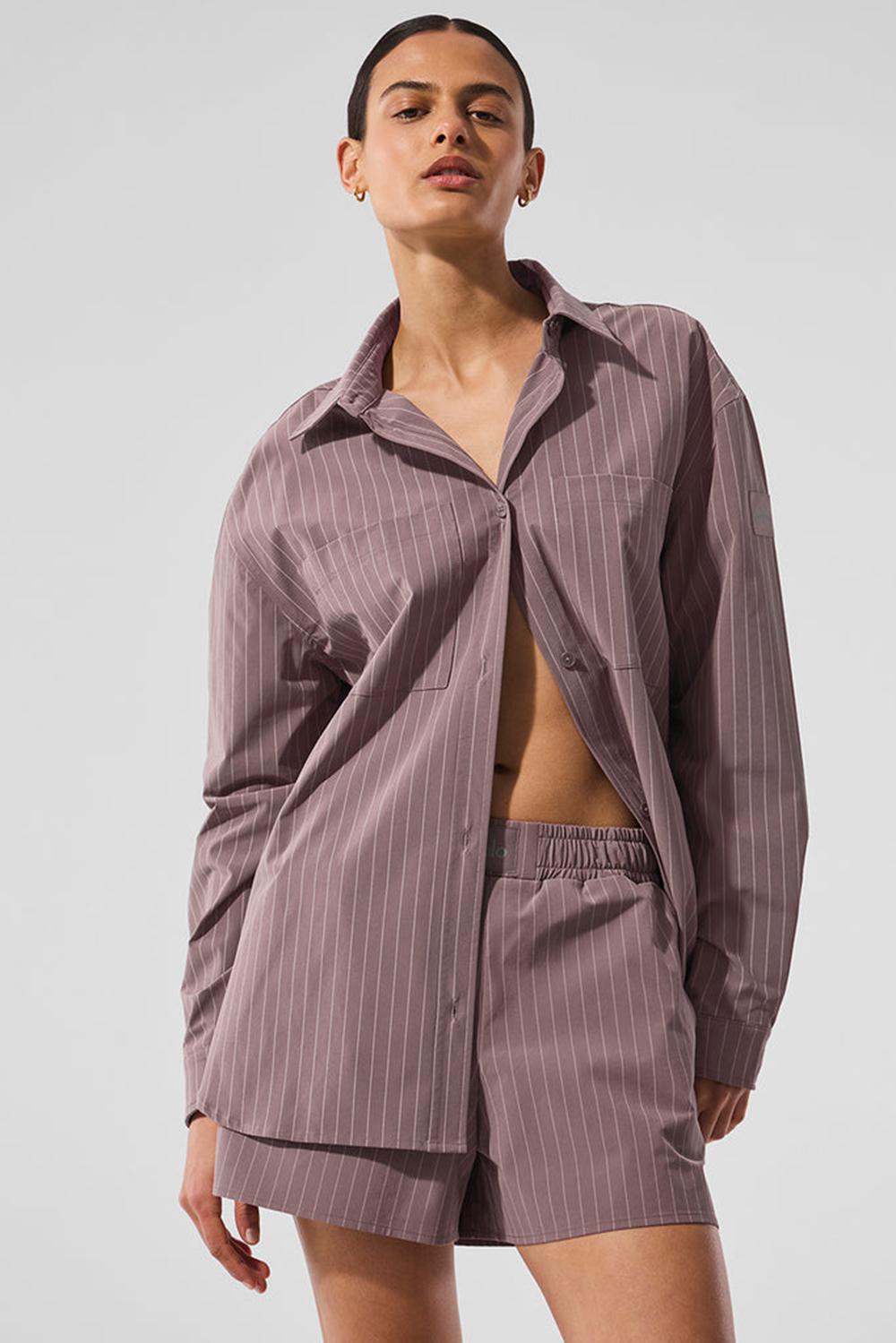 Alo Yoga Pinstripe Daylight Button Down Donna Maniche Lunghe Mushroom / Ivory | Italia  VCU-905726
