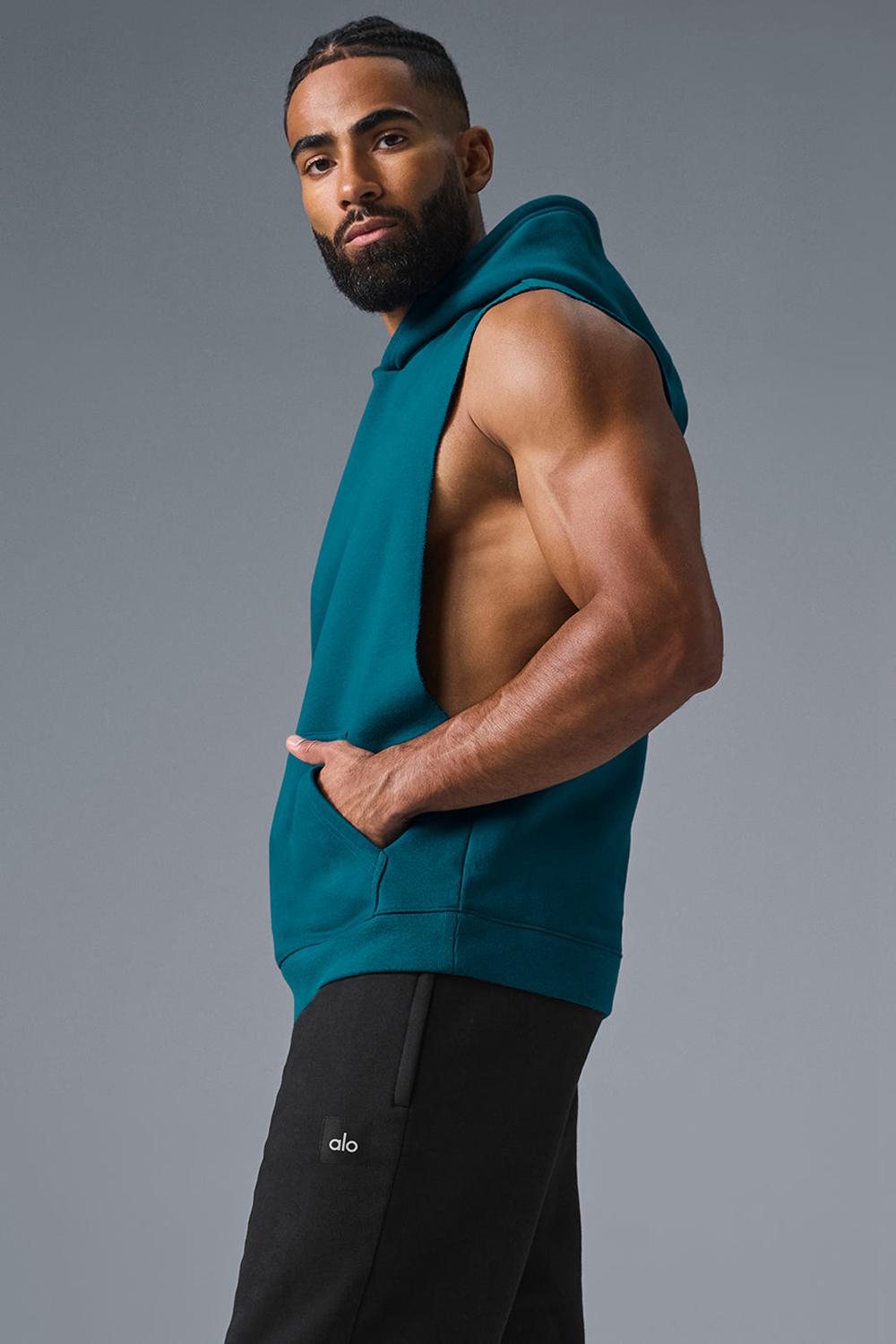 Alo Yoga Renown Sleeveless Uomo Felpa con Cappuccio Oceanic Teal | Italia  VDF-853174