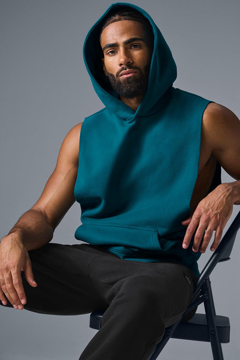 Alo Yoga Renown Sleeveless Uomo Felpa con Cappuccio Oceanic Teal | Italia  VDF-853174