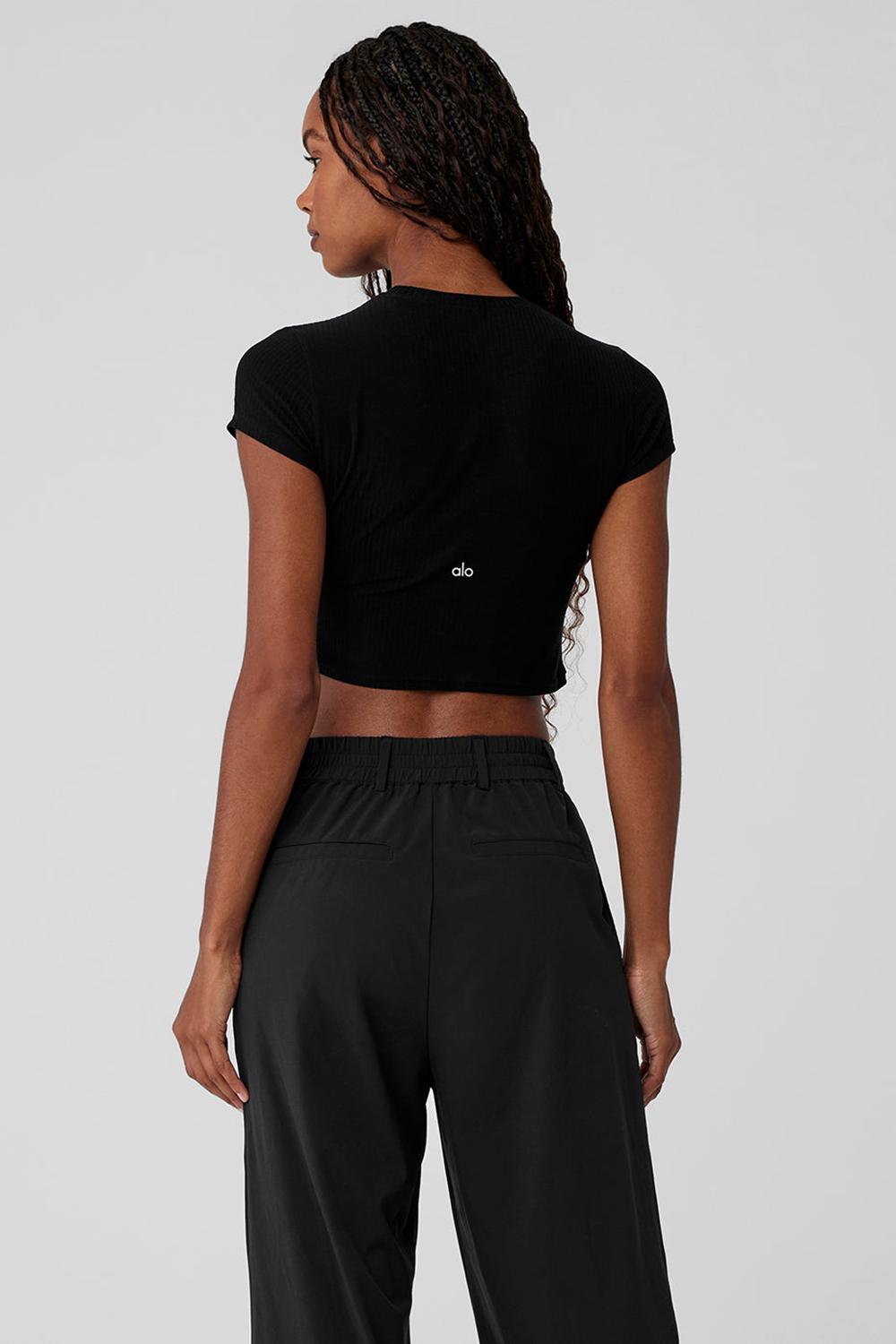 Alo Yoga Ribbed Sea Coast Cropped Sleeve Donna Tee Nere | Italia  OYG-790365