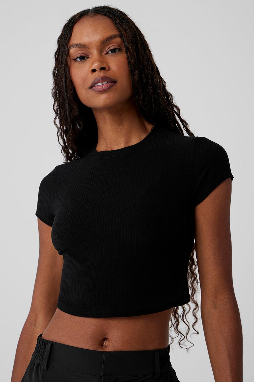 Alo Yoga Ribbed Sea Coast Cropped Sleeve Donna Tee Nere | Italia  OYG-790365